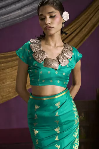 turquoise  pure satin handloom weaving silk saree with tussle pallu