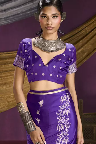 purple pure satin handloom weaving silk saree with tussle pallu