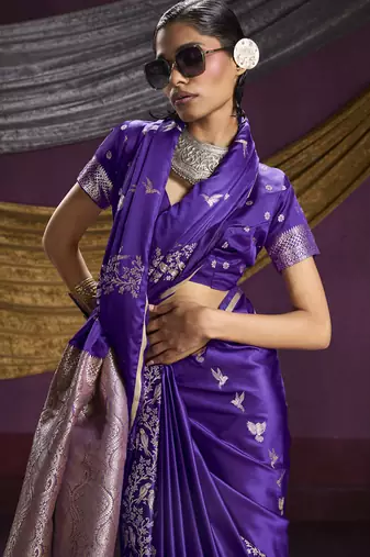 purple pure satin handloom weaving silk saree with tussle pallu