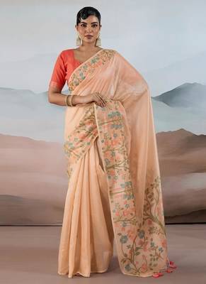 Light peach zari tissue brasso weaving saree 1