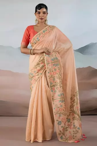 Light peach zari tissue brasso weaving saree