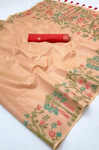 Light peach zari tissue brasso weaving saree