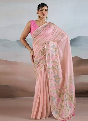 Baby pink zari tissue brasso weaving saree 1