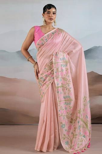 Baby pink zari tissue brasso weaving saree