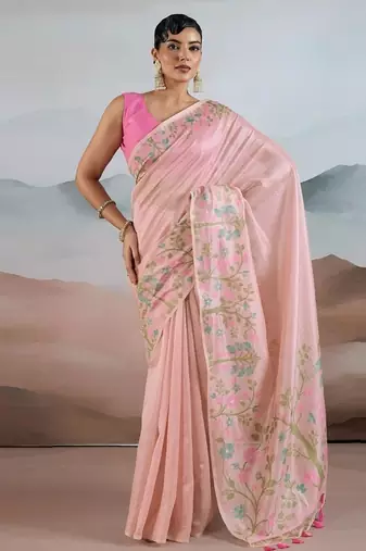 Baby pink zari tissue brasso weaving saree