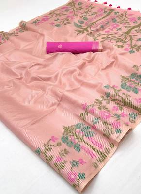 Baby pink zari tissue brasso weaving saree 2