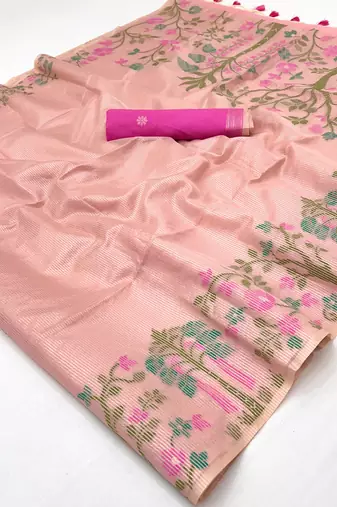 Baby pink zari tissue brasso weaving saree