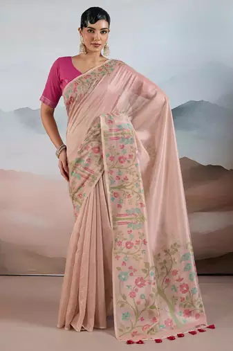 Light onion pink zari tissue brasso weaving saree