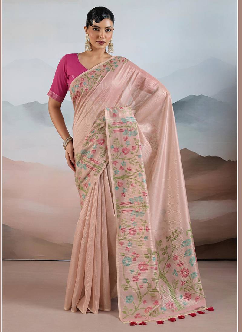 Light onion pink zari tissue brasso weaving saree