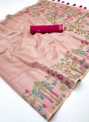 Light onion pink zari tissue brasso weaving saree 2