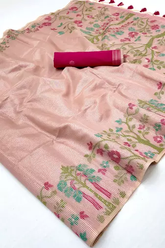 Light onion pink zari tissue brasso weaving saree