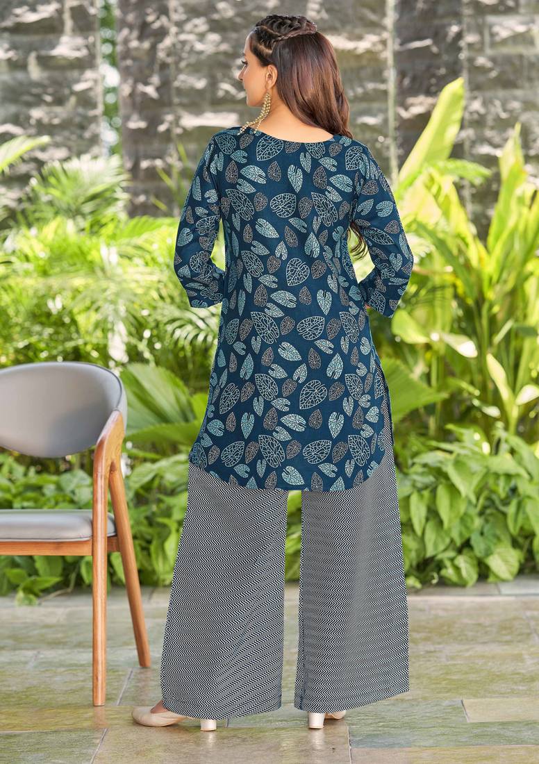 Navy blue leaf print poly cotton fusion wear co-ord set