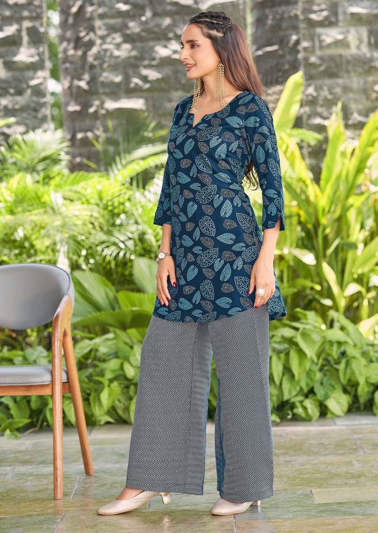 Navy blue leaf print poly cotton fusion wear co-ord set