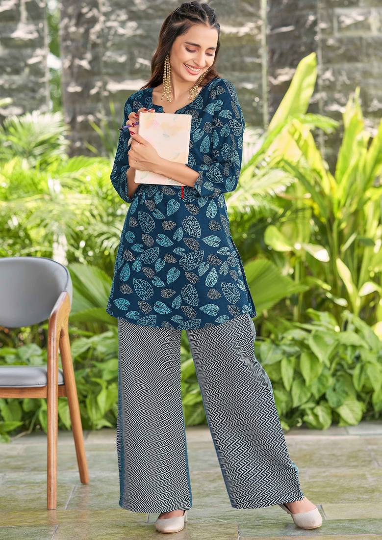 Navy blue leaf print poly cotton fusion wear co-ord set