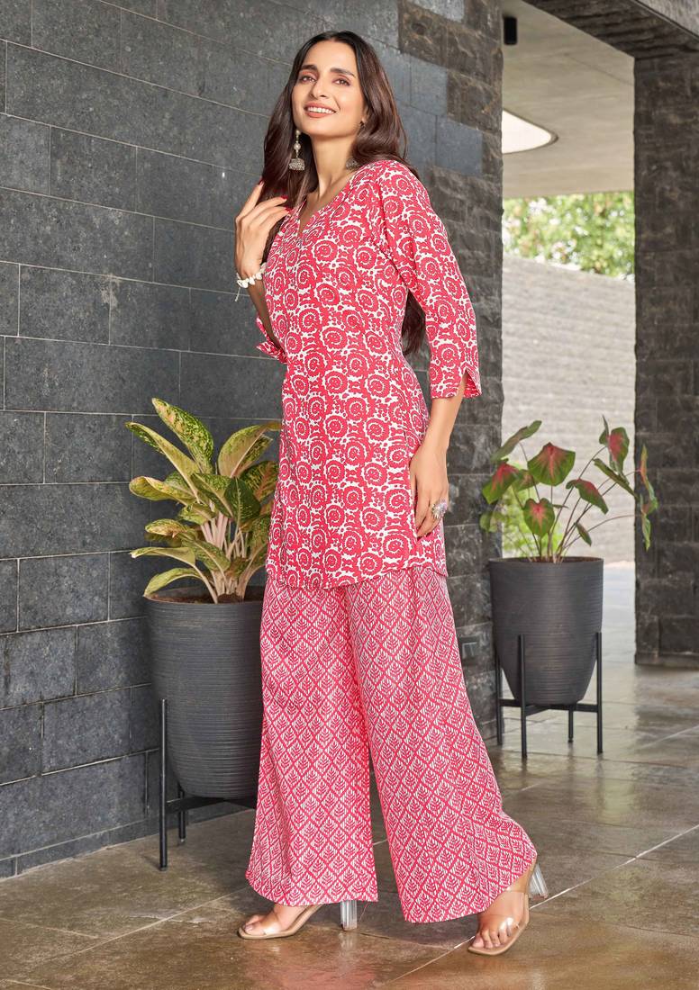block print poly cotton fusion wear co-ord set