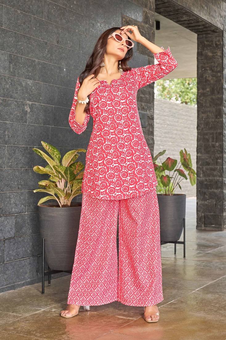 block print poly cotton fusion wear co-ord set