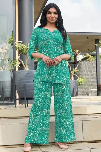 Turquoise blue paisley print rayon relaxed fit co-ord set