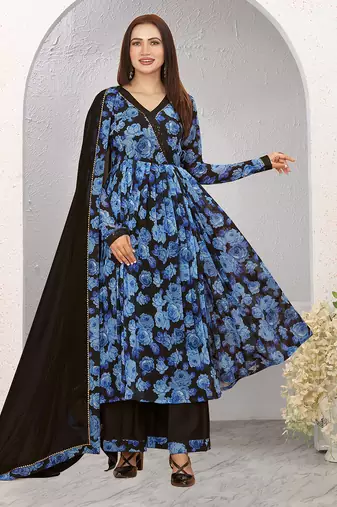 Elegant blue floral printed anarkali kurta set with dupatta