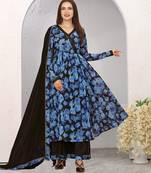 Elegant blue floral printed anarkali kurta set with dupatta