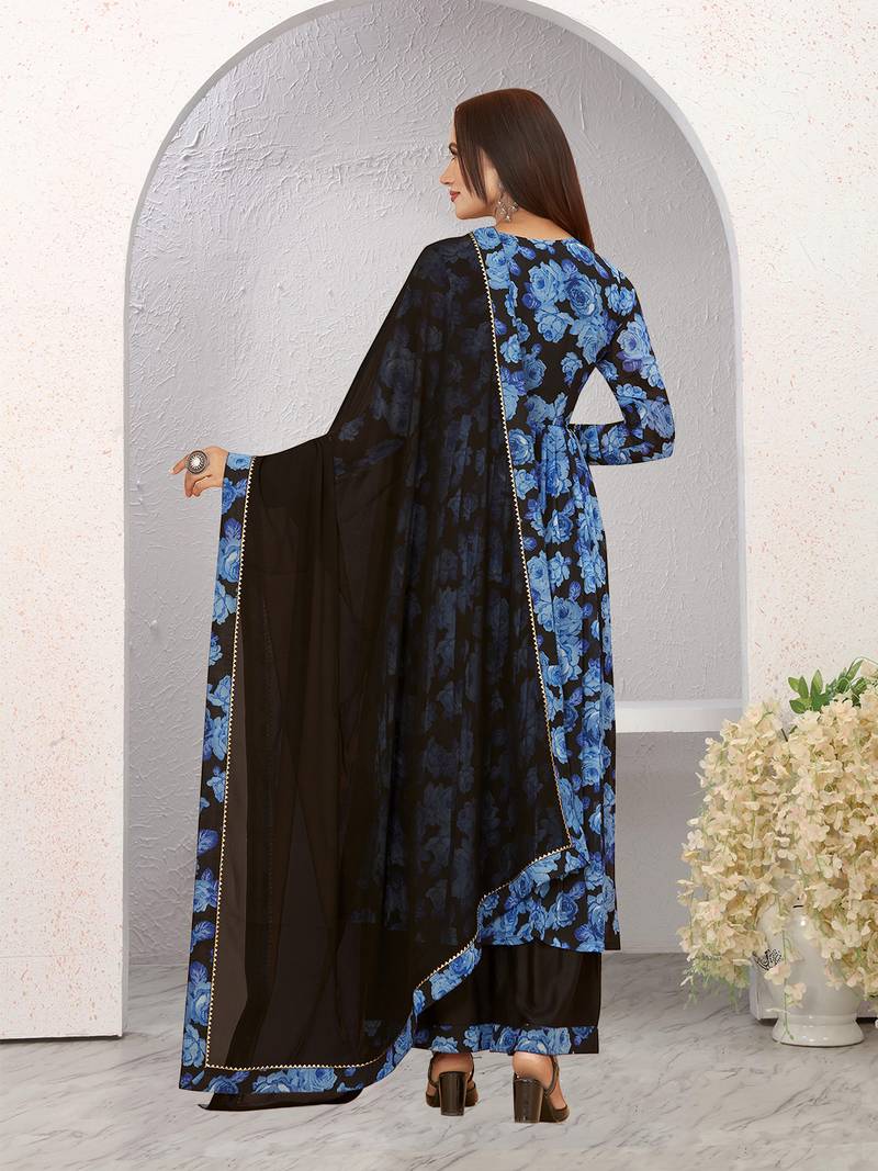 Elegant blue floral printed anarkali kurta set with dupatta