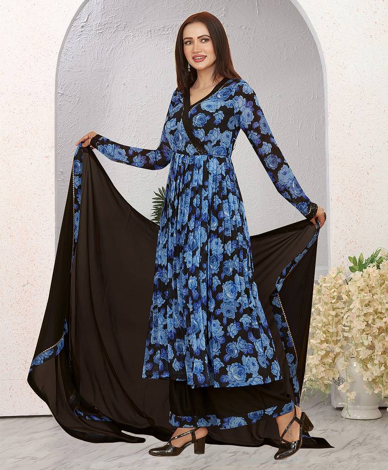 Elegant blue floral printed anarkali kurta set with dupatta