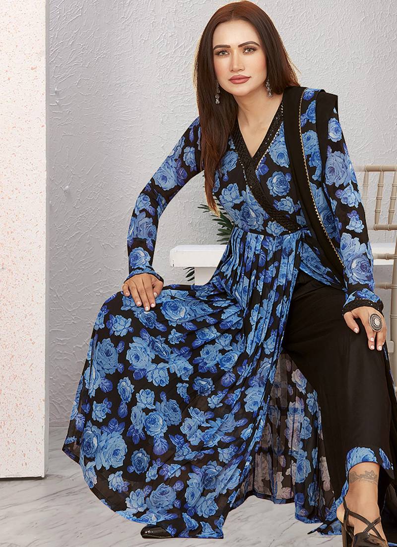 Elegant blue floral printed anarkali kurta set with dupatta