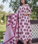 Women rani pink printed anarkali kurta set with dupatta