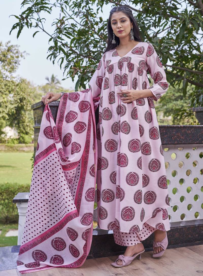 Women rani pink printed anarkali kurta set with dupatta