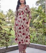 Beige handblock print straight kurta set with printed pants