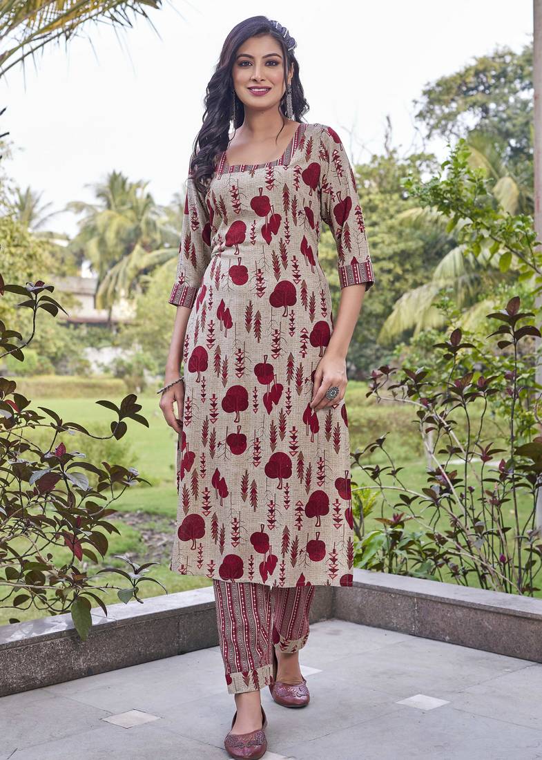 Beige handblock print straight kurta set with printed pants