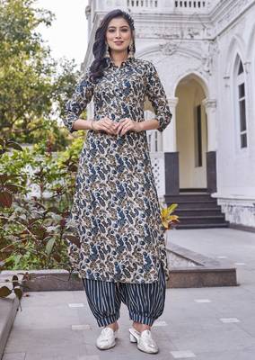 Women turquoise blue printed mandarin collar straight kurta set 1