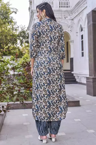 Women turquoise blue printed mandarin collar straight kurta set