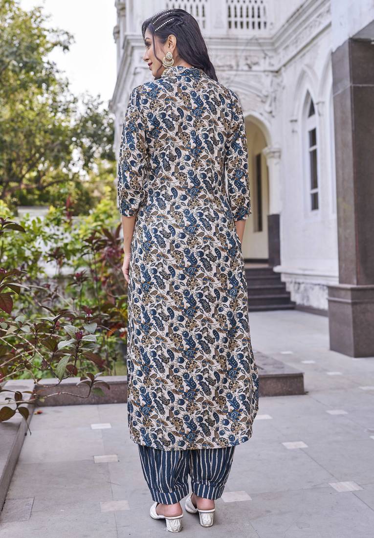 Women turquoise blue printed mandarin collar straight kurta set