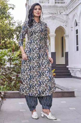 Women turquoise blue printed mandarin collar straight kurta set