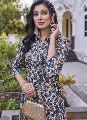 Women turquoise blue printed mandarin collar straight kurta set 4