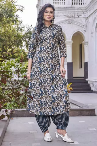 Women turquoise blue printed mandarin collar straight kurta set