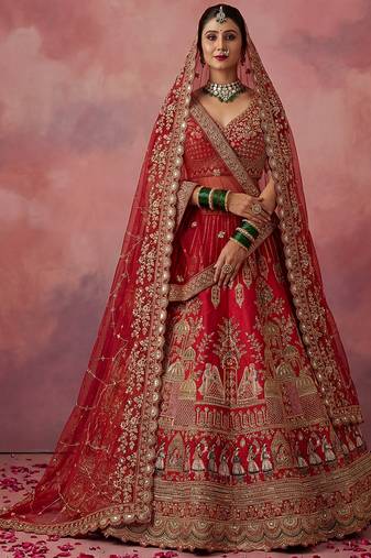 red embroidered silk bridal lehenga choli with double dupatta