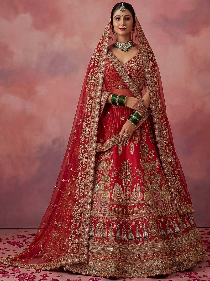 red embroidered silk bridal lehenga choli with double dupatta