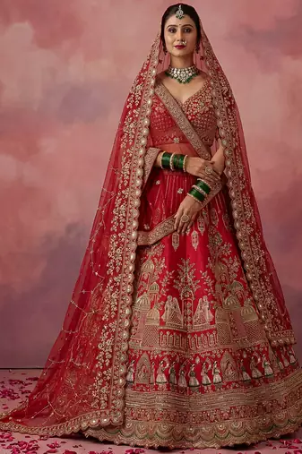 red embroidered silk bridal lehenga choli with double dupatta