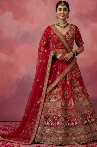 red embroidered silk bridal lehenga choli with double dupatta