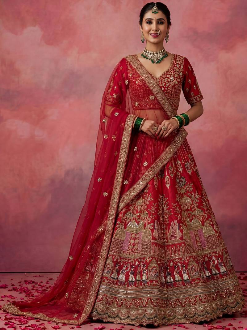 red embroidered silk bridal lehenga choli with double dupatta