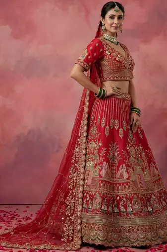 red embroidered silk bridal lehenga choli with double dupatta