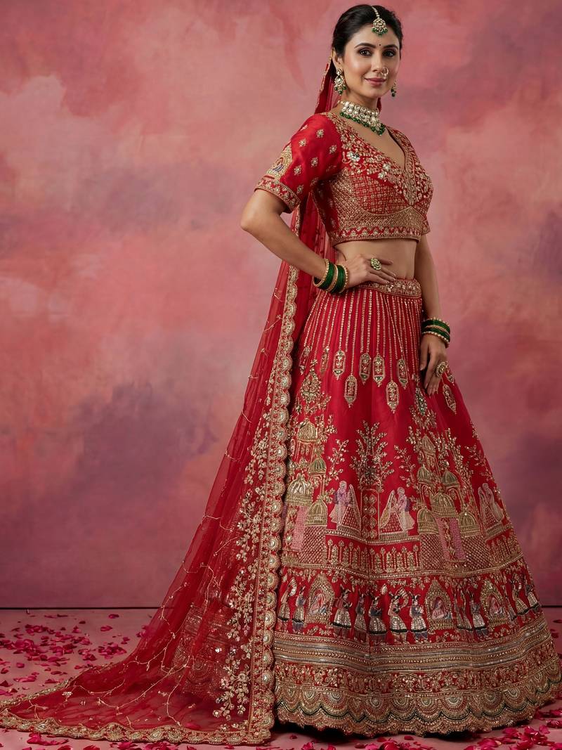 red embroidered silk bridal lehenga choli with double dupatta