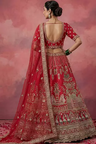 red embroidered silk bridal lehenga choli with double dupatta