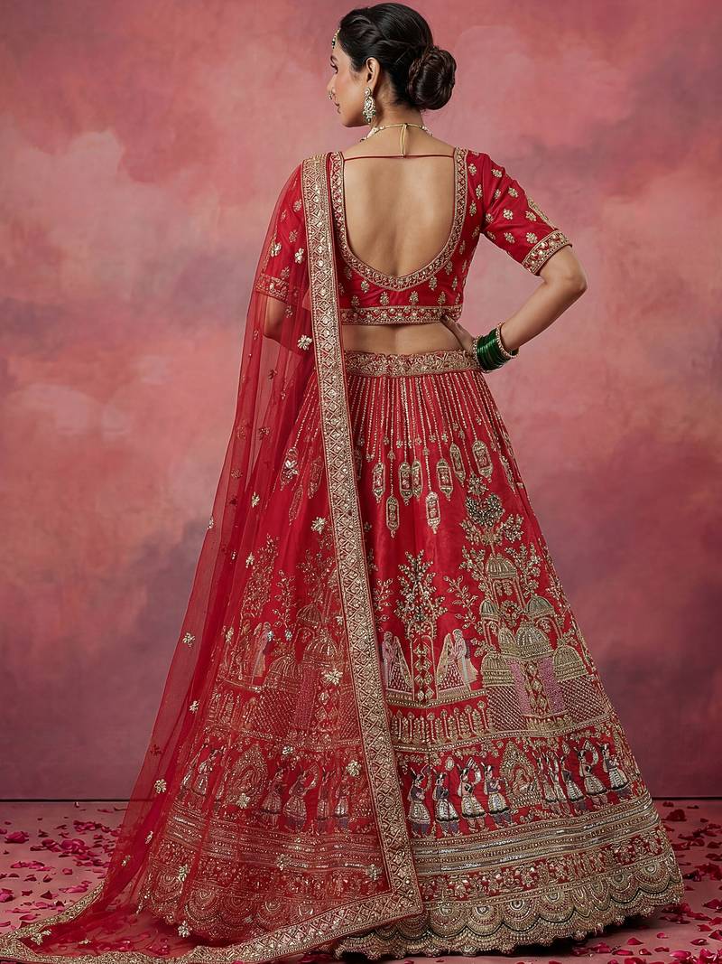 red embroidered silk bridal lehenga choli with double dupatta