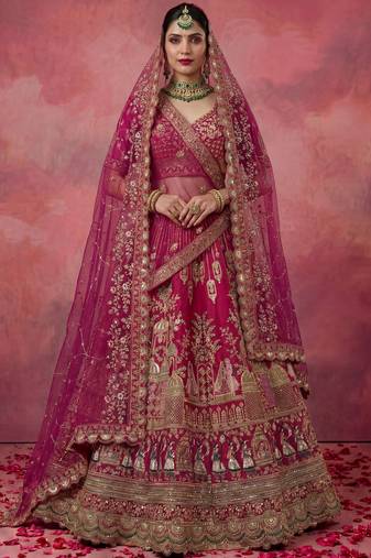 pink embroidered silk bridal lehenga choli with double dupatta set