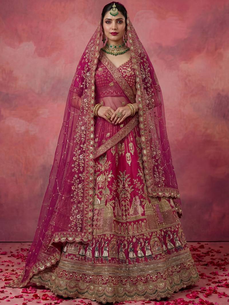 Graceful Pink Embroidered Silk Bridal Lehenga Choli With Double Dupatta