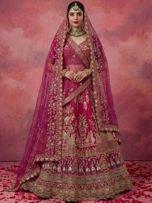 pink embroidered silk bridal lehenga choli with double dupatta set 1