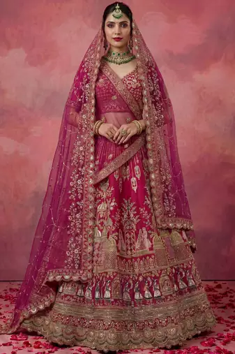 Graceful Pink Embroidered Silk Bridal Lehenga Choli With Double Dupatta