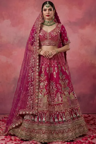 pink embroidered silk bridal lehenga choli with double dupatta set